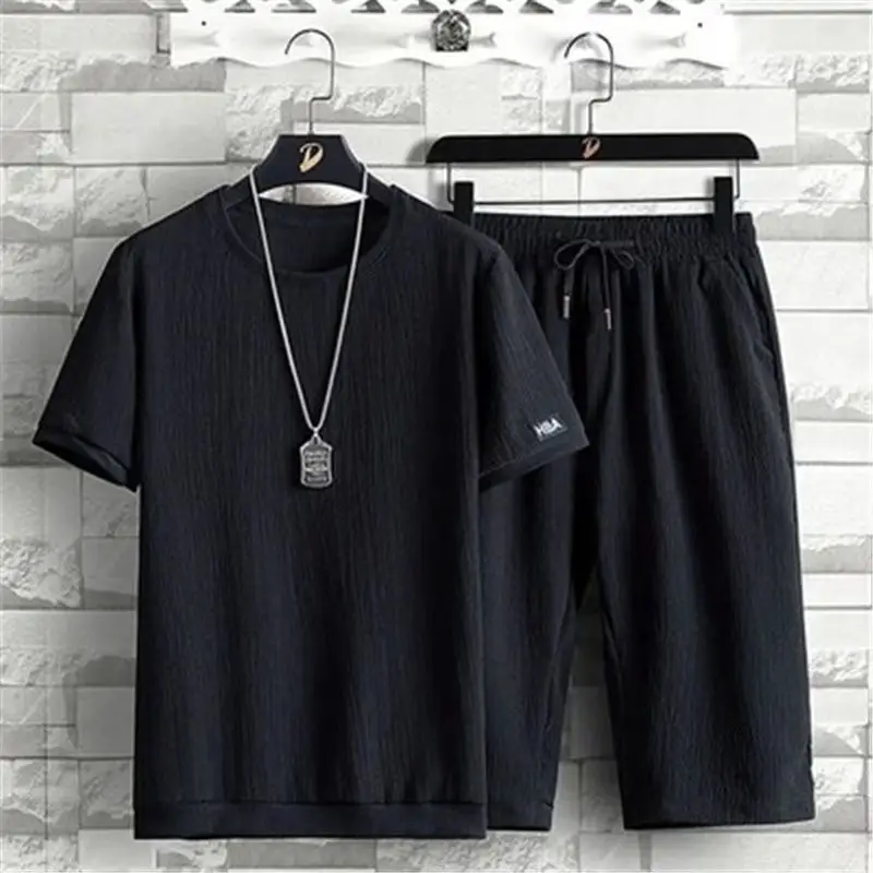 Men Black Ice Silk 2Pc Shorts Set Summer Casual - Image 2
