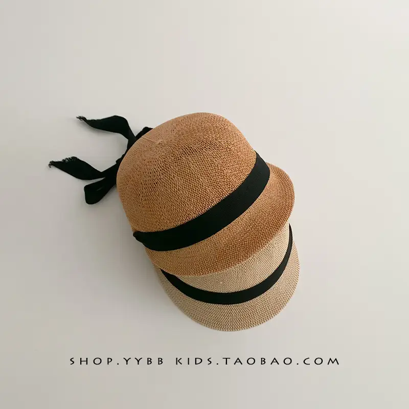 Baby Straw Hats for Boys Girls Summer Wear Black Ribbon