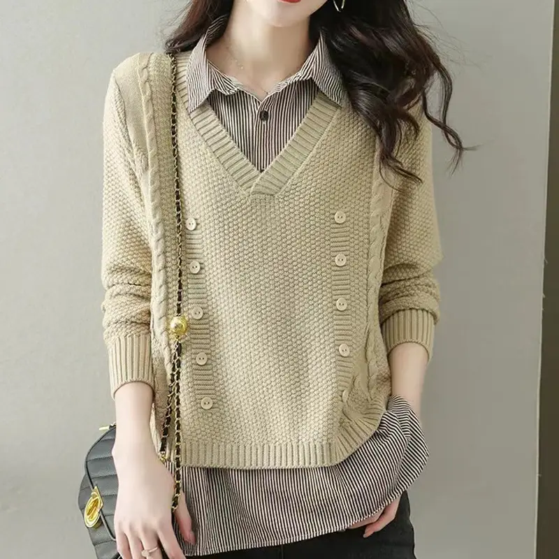 Women Knit Spliced Collar Shirt Olive Green 2025 - Image 2