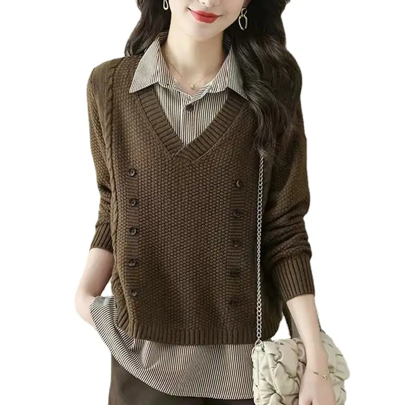Women Knit Spliced Collar Shirt Olive Green 2025 - Image 6