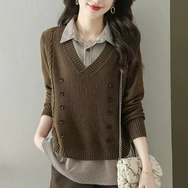 Women Knit Spliced Collar Shirt Olive Green 2025 - Image 4