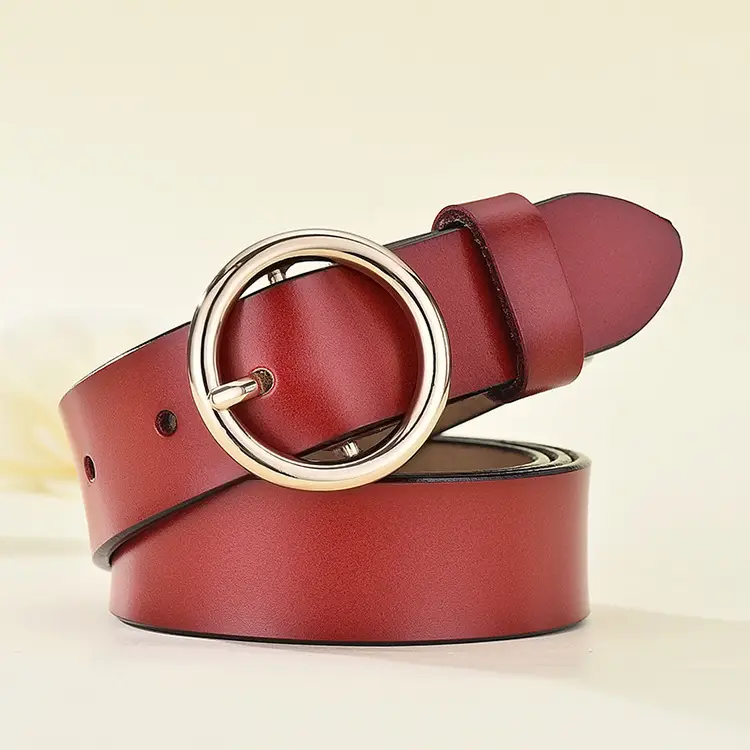 Black Round Buckle Leather Belt for Women