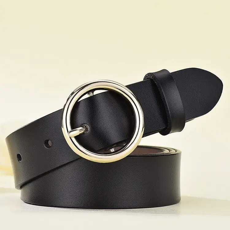 Black Round Buckle Leather Belt for Women - Image 2