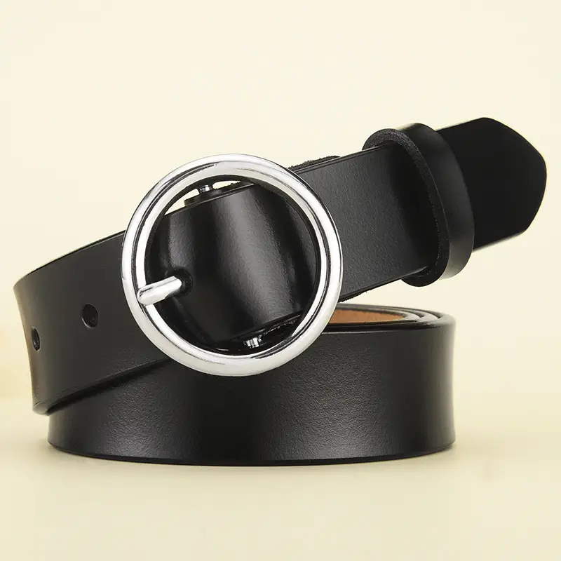 Black Round Buckle Leather Belt for Women - Image 6
