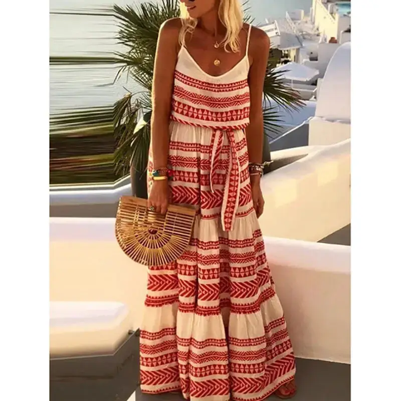 Women's Blue White Printed Beach Sling Dress Large
