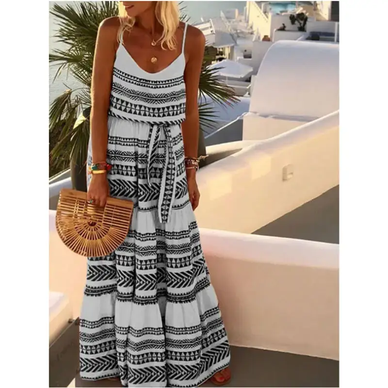 Women's Blue White Printed Beach Sling Dress Large