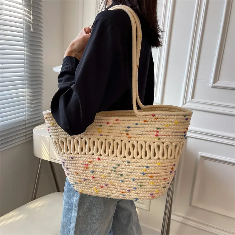 Hollow Cotton Woven Shoulder Bag for Women - Image 9
