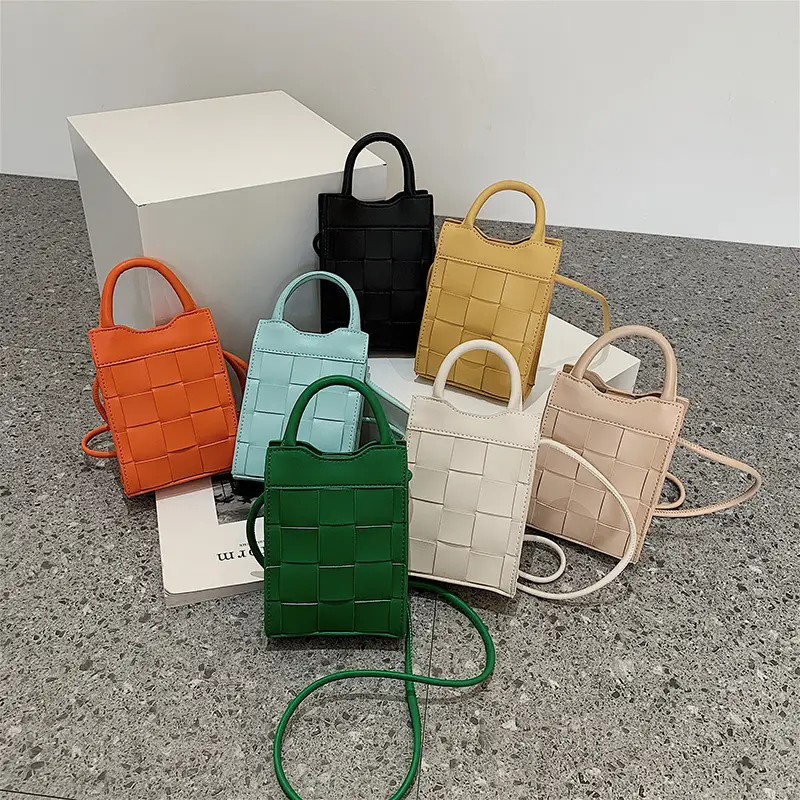 Women Woven Phone Bag Beige Square Shoulder Crossbody - Image 8