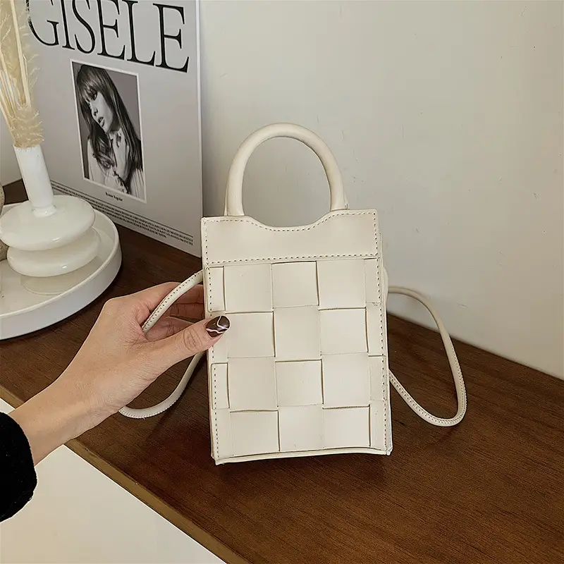 Women Woven Phone Bag Beige Square Shoulder Crossbody - Image 9