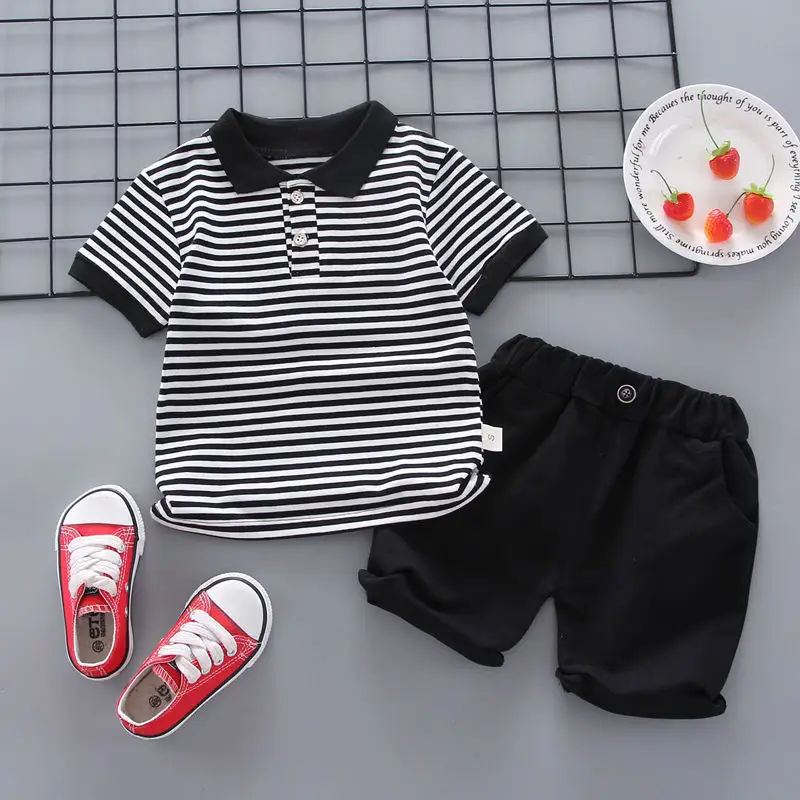 Boys Striped T-Shirt Shorts Set White Black Casual Summer - Image 3