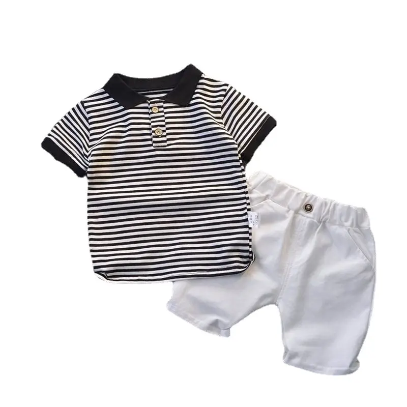 Boys Striped T-Shirt Shorts Set White Black Casual Summer - Image 6