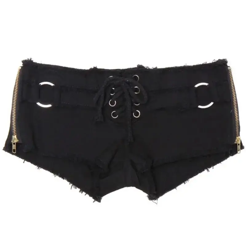 Black Cotton Low Waist Slimming Shorts with Side Slit Strap - Image 2