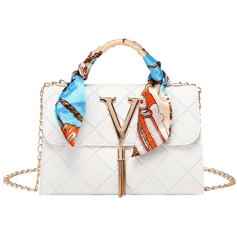 Embossed Silk Scarf Bag with Tassel Lock Chain - Image 10