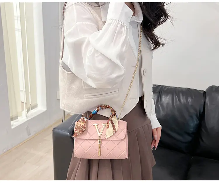 Embossed Silk Scarf Bag with Tassel Lock Chain — feature 19