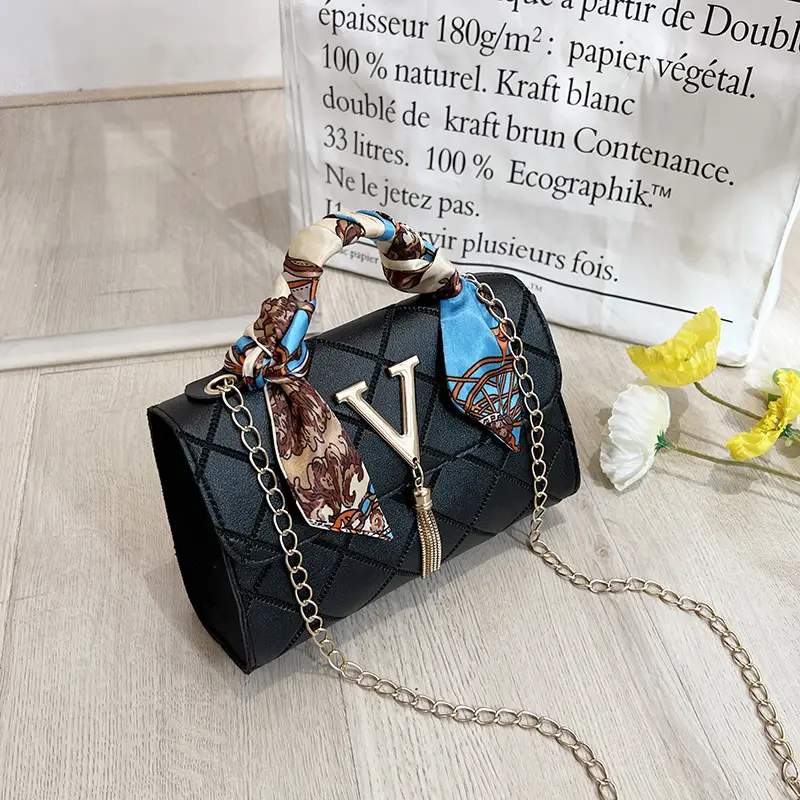 Embossed Silk Scarf Bag with Tassel Lock Chain - Image 2