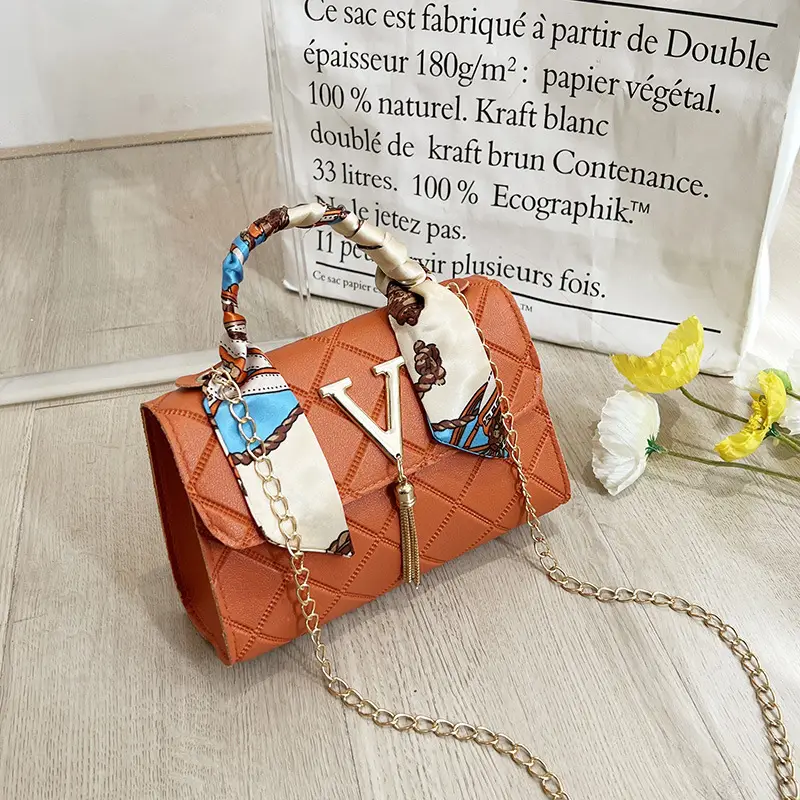 Embossed Silk Scarf Bag with Tassel Lock Chain - Image 5