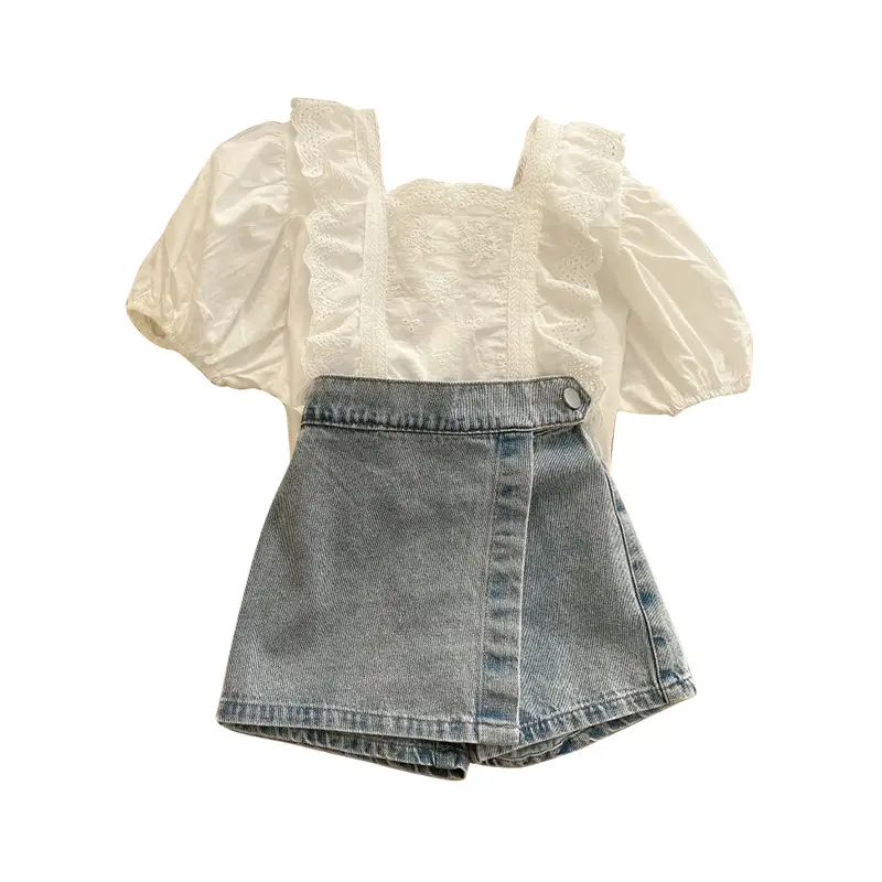White Lace Short Sleeve Top & Jeans Set - Image 6