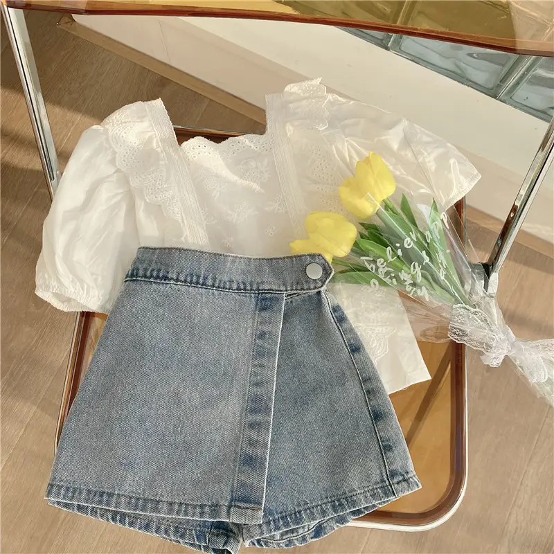 White Lace Short Sleeve Top & Jeans Set — feature 1