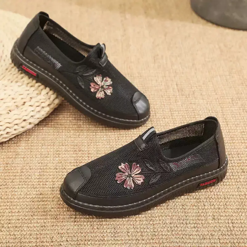 Women's Maroon Mesh Slip-On Shoes with Embroidered Flower Design - Image 4
