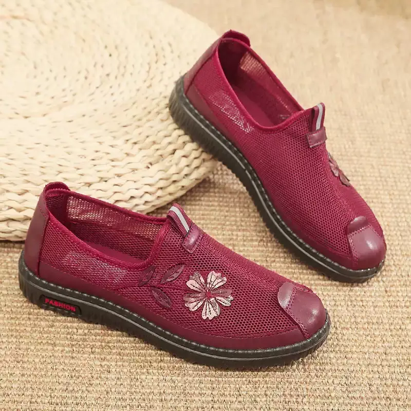 Women's Maroon Mesh Slip-On Shoes with Embroidered Flower Design - Image 5