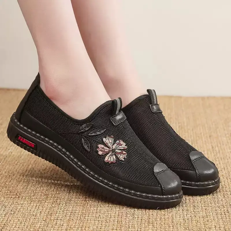 Women's Maroon Mesh Slip-On Shoes with Embroidered Flower Design - Image 6
