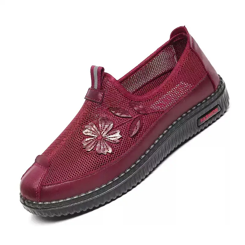 Women's Maroon Mesh Slip-On Shoes with Embroidered Flower Design - Image 7
