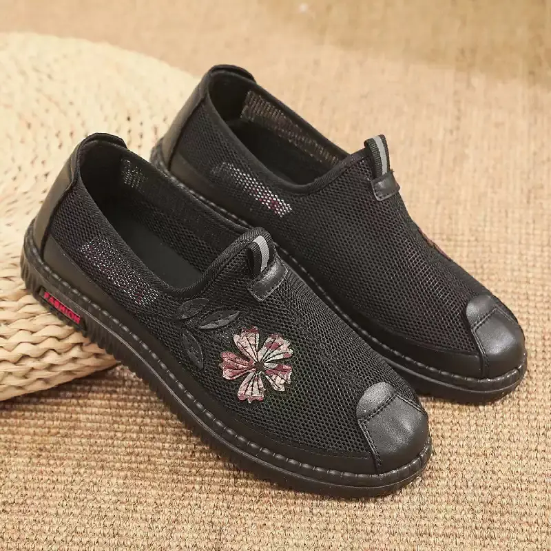Women's Maroon Mesh Slip-On Shoes with Embroidered Flower Design - Image 2