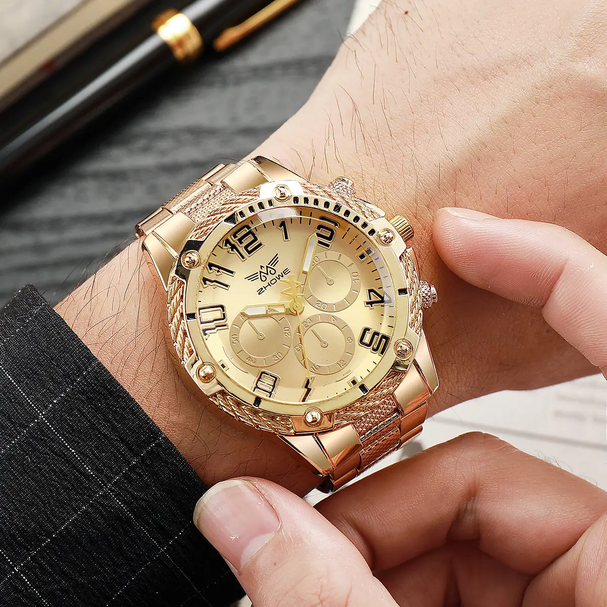 Gold Chronograph Watch for Men with Blue Dial & Three Eyes - Image 7