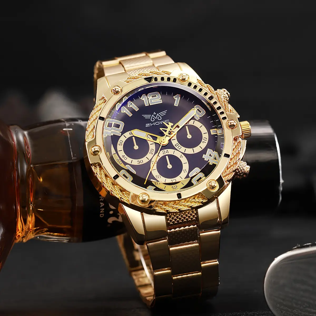 Gold Chronograph Watch for Men with Blue Dial & Three Eyes — feature 4