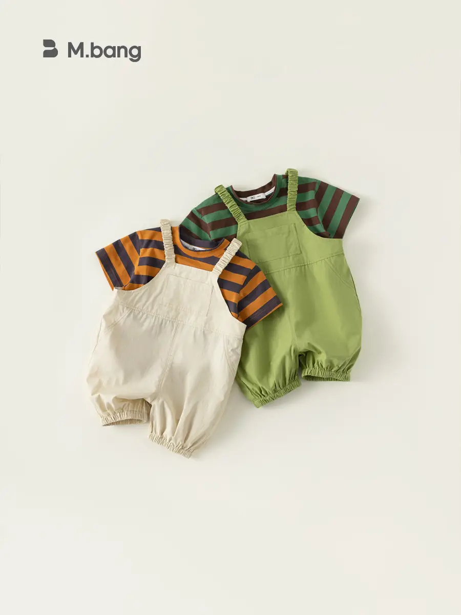 Boys Striped T-Shirt Overalls Two-Piece Set Green Orange - Image 4