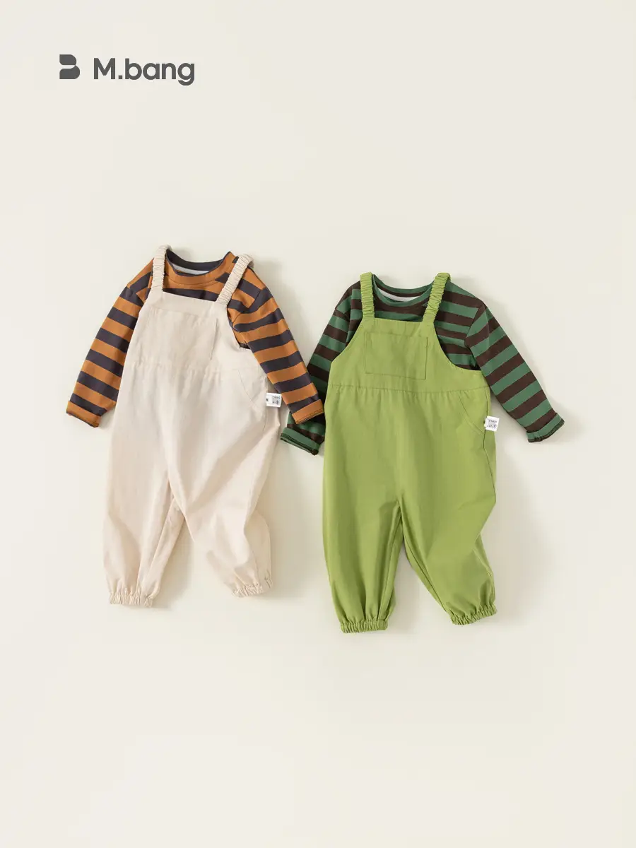 Boys Striped T-Shirt Overalls Two-Piece Set Green Orange - Image 5