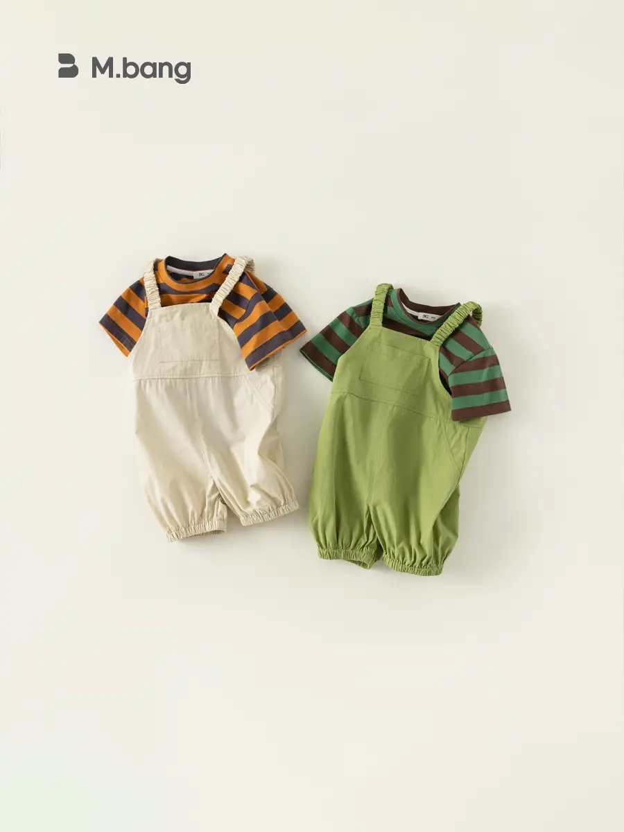 Boys Striped T-Shirt Overalls Two-Piece Set Green Orange - Image 6