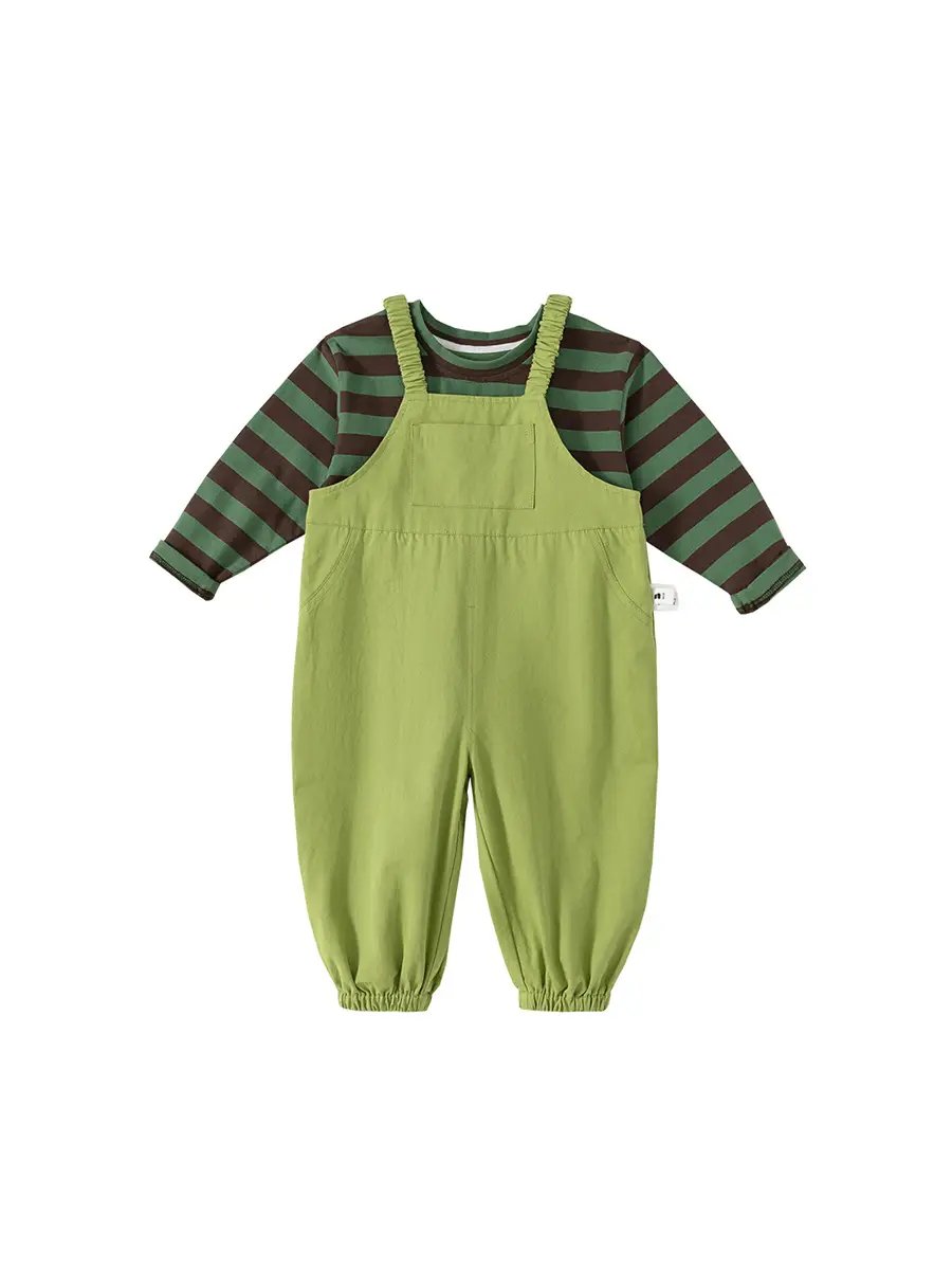 Boys Striped T-Shirt Overalls Two-Piece Set Green Orange - Image 8