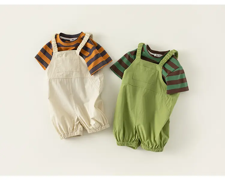 Boys Striped T-Shirt Overalls Two-Piece Set Green Orange — feature 16