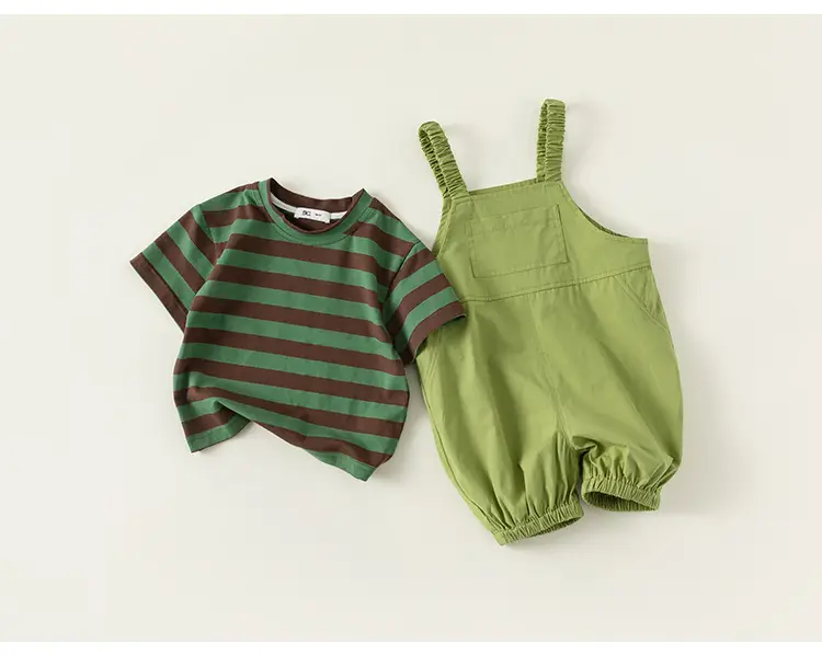 Boys Striped T-Shirt Overalls Two-Piece Set Green Orange — feature 17