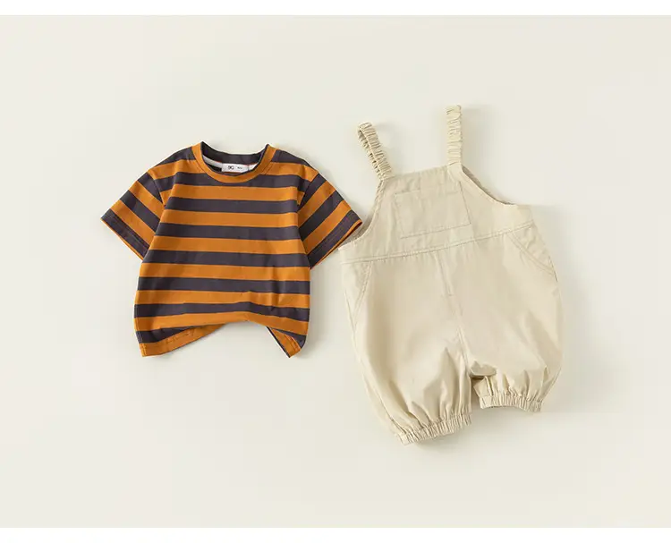 Boys Striped T-Shirt Overalls Two-Piece Set Green Orange — feature 18