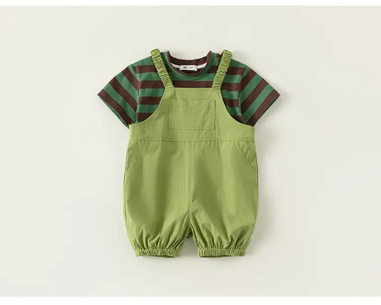 Boys Striped T-Shirt Overalls Two-Piece Set Green Orange — feature 19