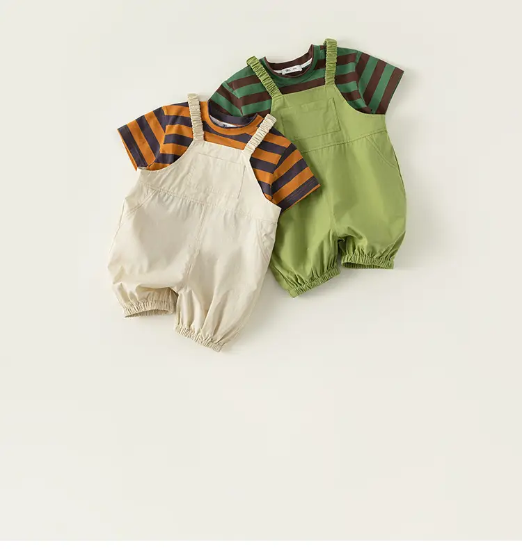 Boys Striped T-Shirt Overalls Two-Piece Set Green Orange — feature 4