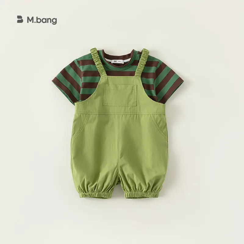 Boys Striped T-Shirt Overalls Two-Piece Set Green Orange - Image 2
