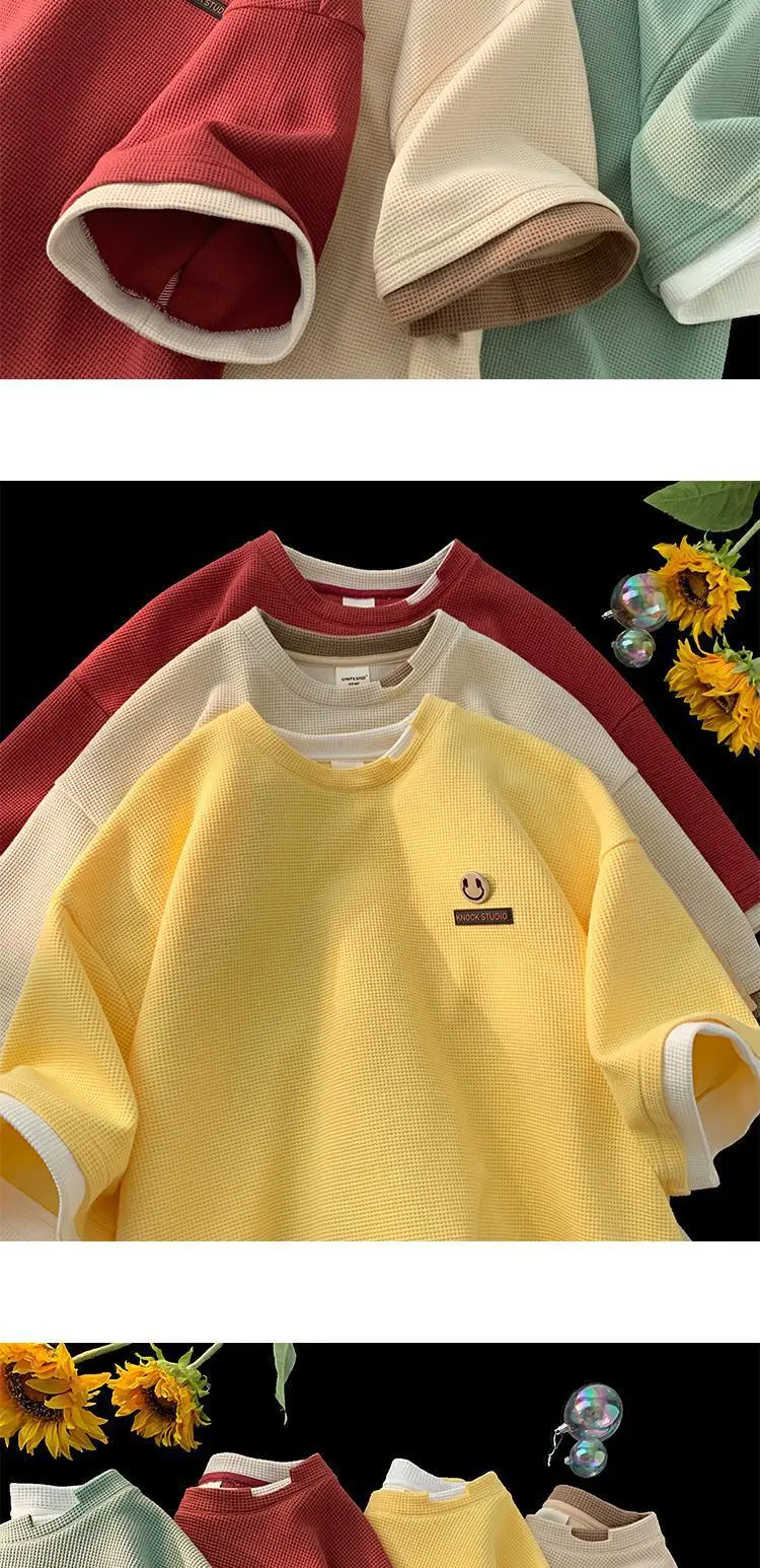Men Waffle Ripped Summer T-Shirt Green Yellow — feature 10