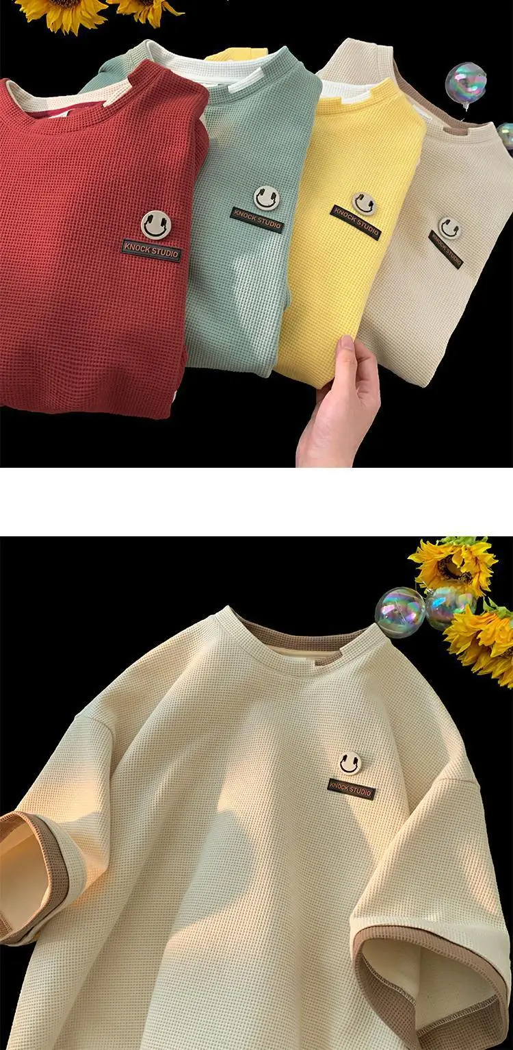 Men Waffle Ripped Summer T-Shirt Green Yellow — feature 12