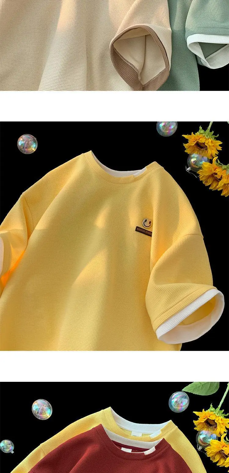 Men Waffle Ripped Summer T-Shirt Green Yellow — feature 4