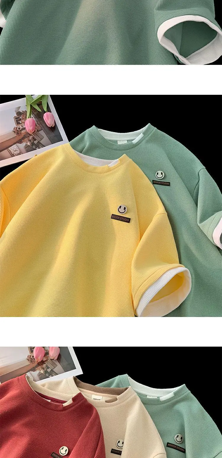 Men Waffle Ripped Summer T-Shirt Green Yellow — feature 9