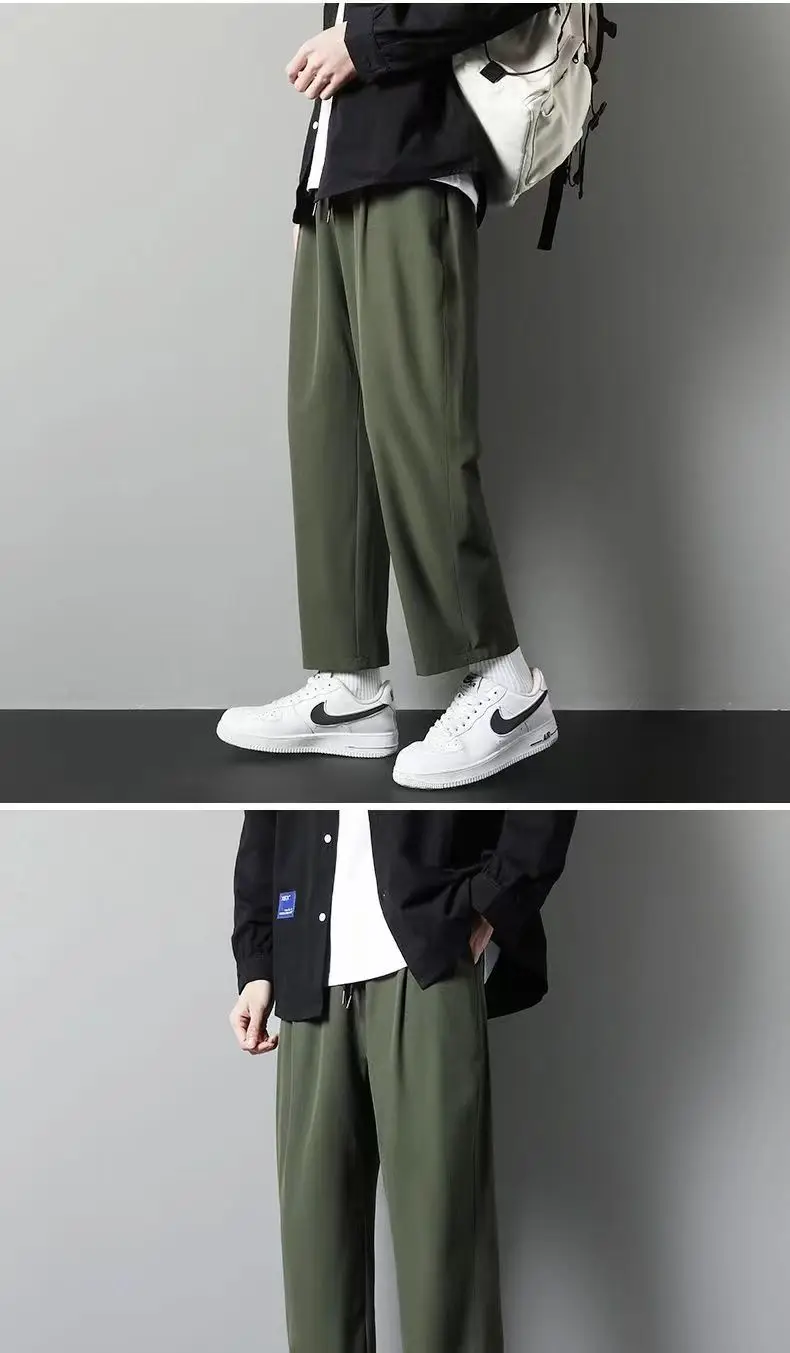 Men's Olive Green Wide Leg Ice Silk Pants — feature 8