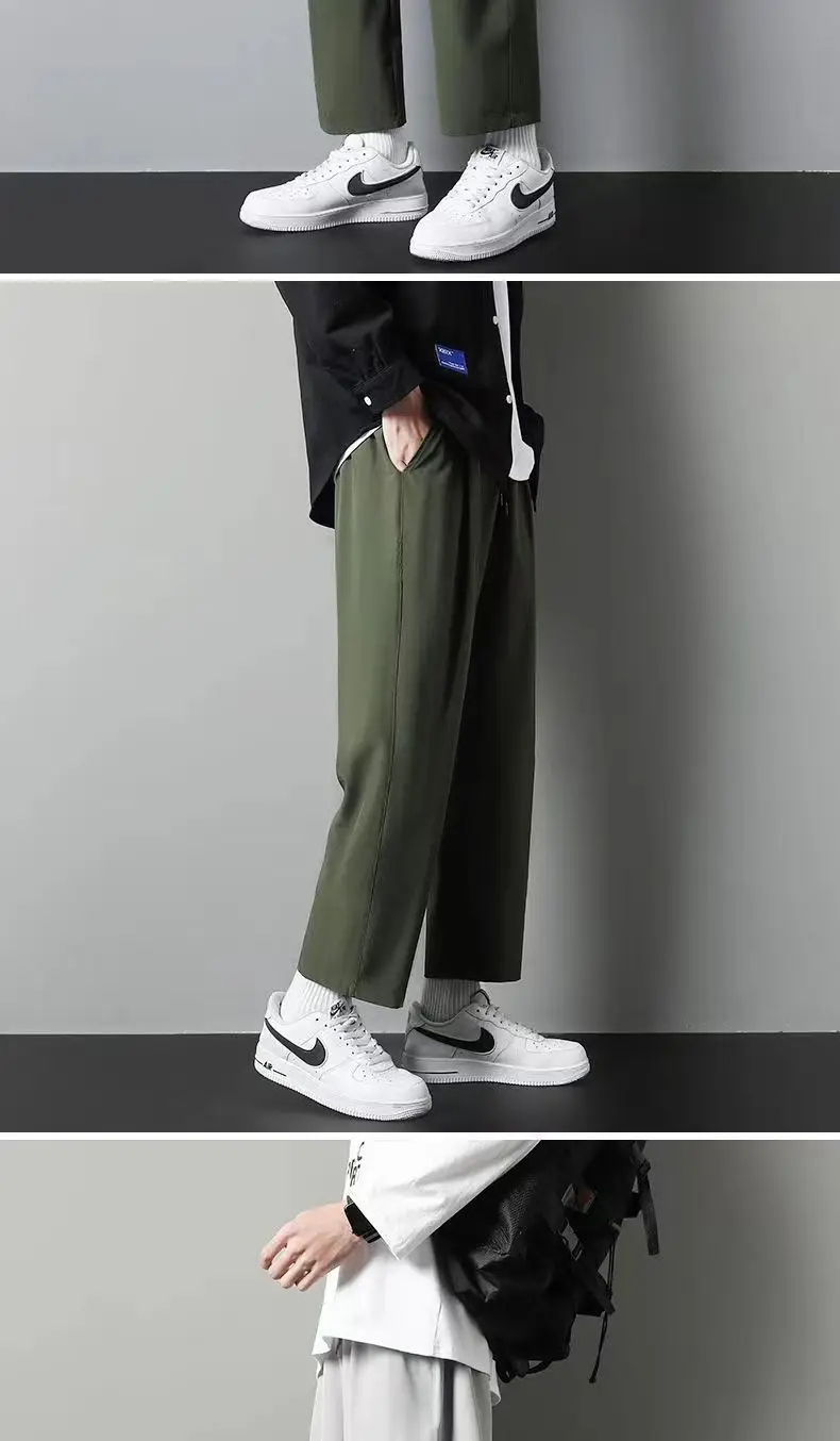Men's Olive Green Wide Leg Ice Silk Pants — feature 9