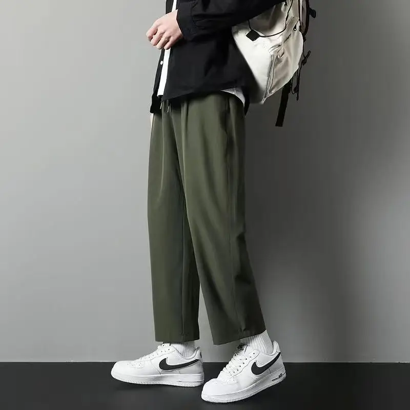 Men's Olive Green Wide Leg Ice Silk Pants - Image 3