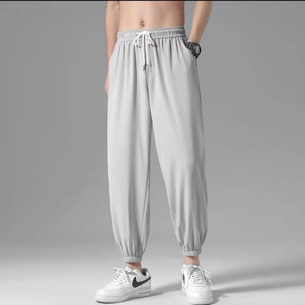 Men's Olive Green Wide Leg Ice Silk Pants - Image 8