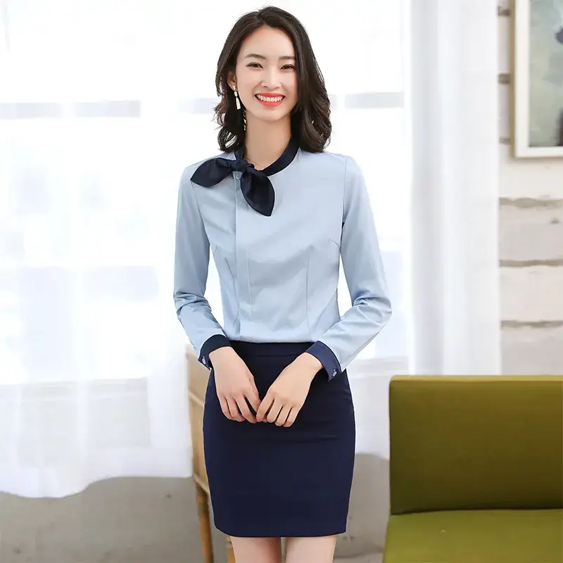 Women's Long Sleeve Shirt with Neck Bow Blue Skirt Set - Image 6