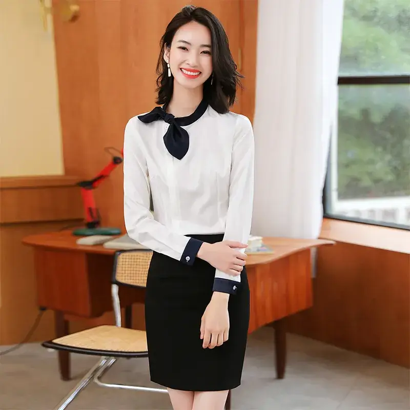 Women's Long Sleeve Shirt with Neck Bow Blue Skirt Set - Image 8