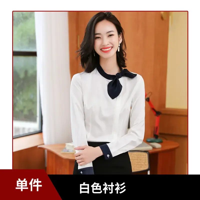 Women's Long Sleeve Shirt with Neck Bow Blue Skirt Set - Image 2